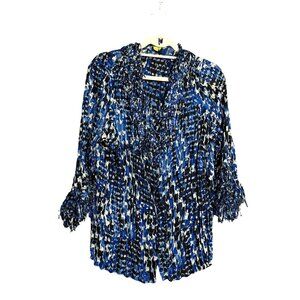 Agora Fringe V Neck Long Sleeves Tunic Blouse Top Women's Size 1X Blue Black